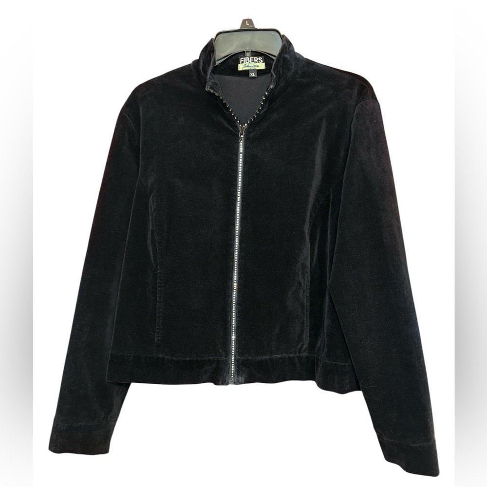 Vintage FIBERS Barbara Lesser Black Velvet Rhinestone Zipper Jacket Size XL